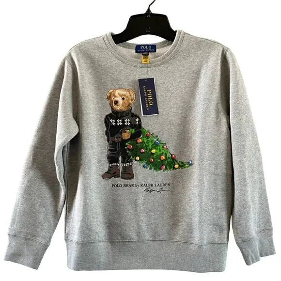 Polo Ralph Lauren Christmas Tree Bear Sweatshirt Medium 10-12 Gray Ships Today! - Picture 1 of 8